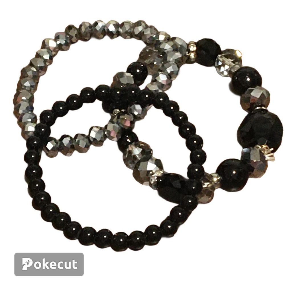 Beaded Bracelet set of 3  Black Silver